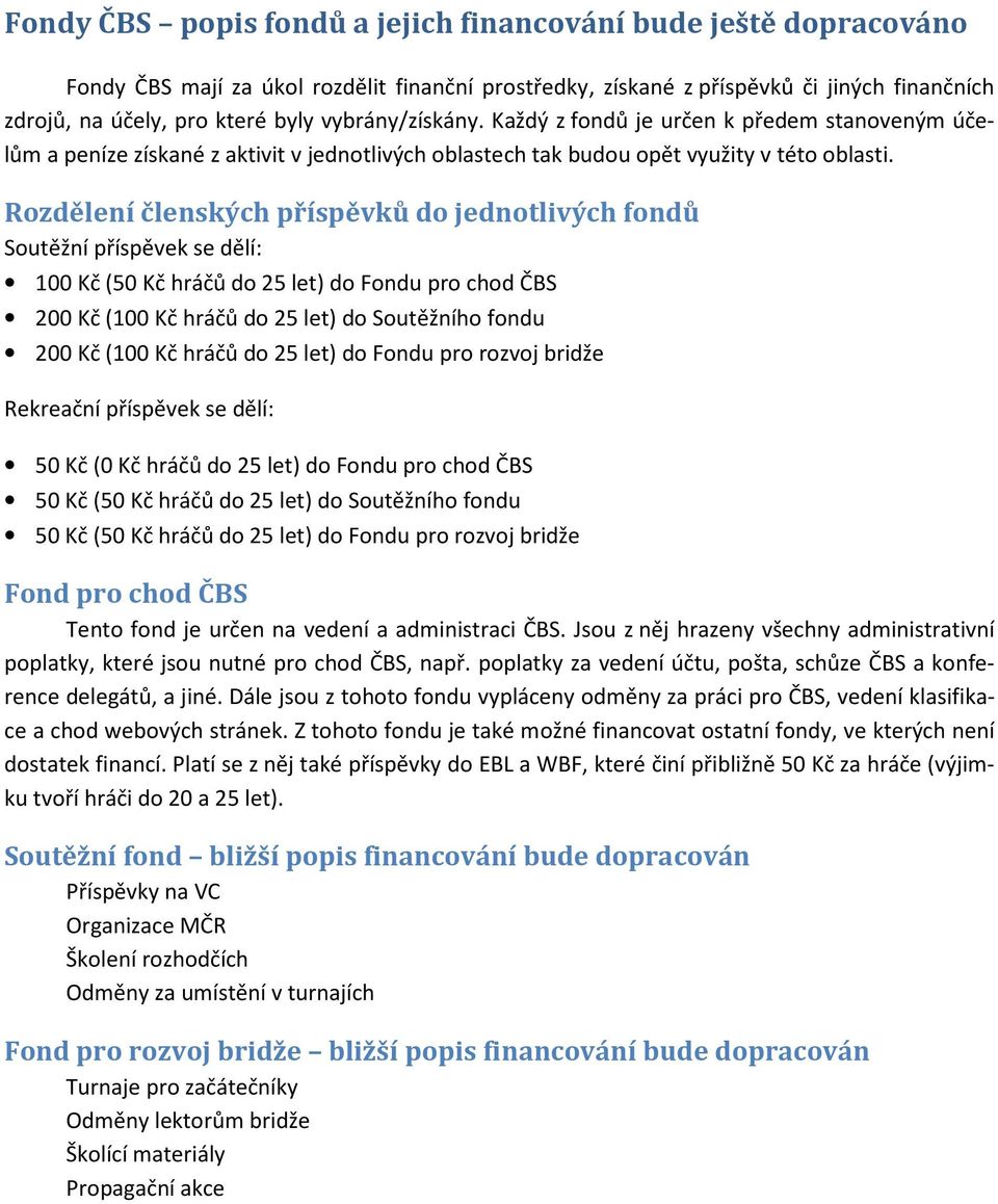 Rozdělení členských příspěvků do jednotlivých fondů Soutěžní příspěvek se dělí: 100 Kč (50 Kč hráčů do 25 let) do Fondu pro chod ČBS 200 Kč (100 Kč hráčů do 25 let) do Soutěžního fondu 200 Kč (100 Kč