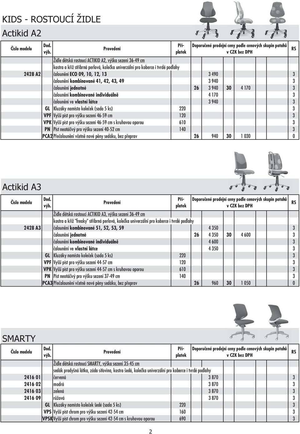 VPF Vyšší píst pro výšku sezení 46-59 cm 120 3 VPK Vyšší píst pro výšku sezení 46-59 cm s kruhovou oporou 610 3 PN Píst neotáčivý pro výšku sezení 40-52 cm 140 3 PCA2 Přečalounění včetně nové pěny