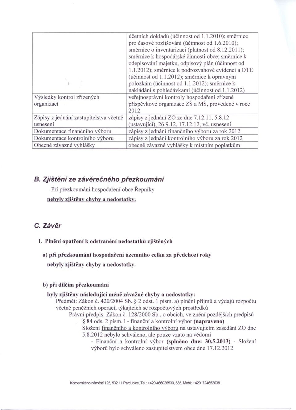 1.2012)' směrnice k nakládání s pohledávkami (účinnost od 1.1.2012) Výsledky kontrol zřízených veřejno právní kontroly hospodaření zřízené organizací příspěvkové organizace ZŠ a MŠ, provedené v roce