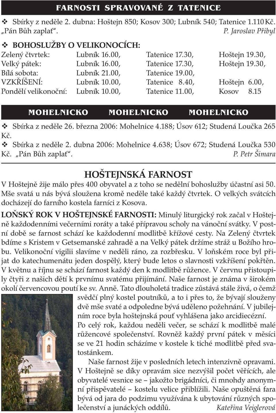 00, Pondělí velikonoční: Lubník 10.00, Tatenice 11.00, Kosov 8.15 MOHELNICKO MOHELNICKO MOHELNICKO Sbírka z neděle 26. března 2006: Mohelnice 4.188; Úsov 612; Studená Loučka 265 Kč. Sbírka z neděle 2. dubna 2006: Mohelnice 4.