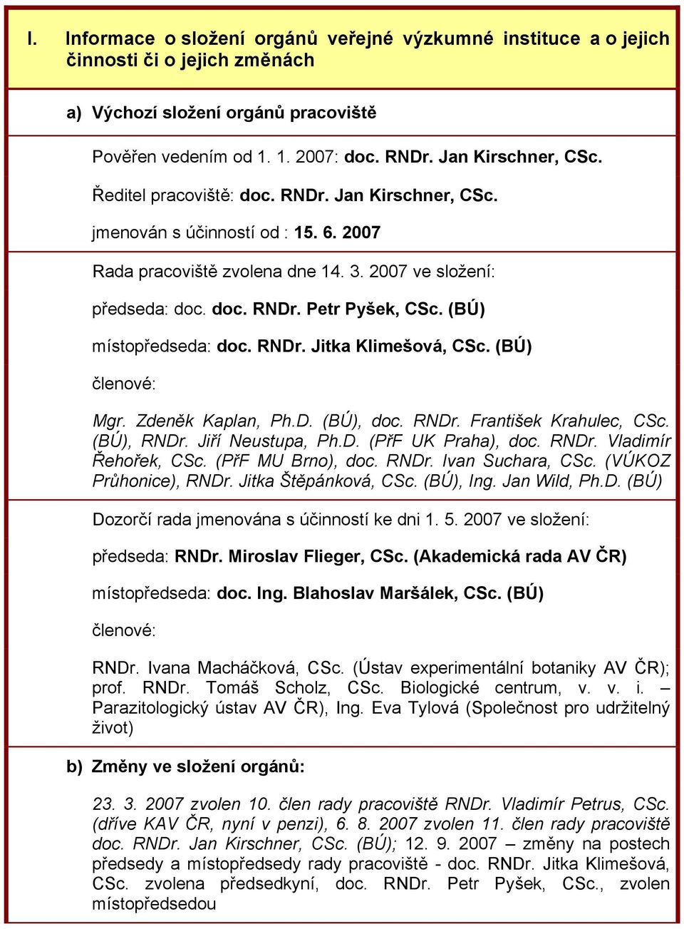 (BÚ) místopředseda: doc. RNDr. Jitka Klimešová, CSc. (BÚ) členové: Mgr. Zdeněk Kaplan, Ph.D. (BÚ), doc. RNDr. František Krahulec, CSc. (BÚ), RNDr. Jiří Neustupa, Ph.D. (PřF UK Praha), doc. RNDr. Vladimír Řehořek, CSc.