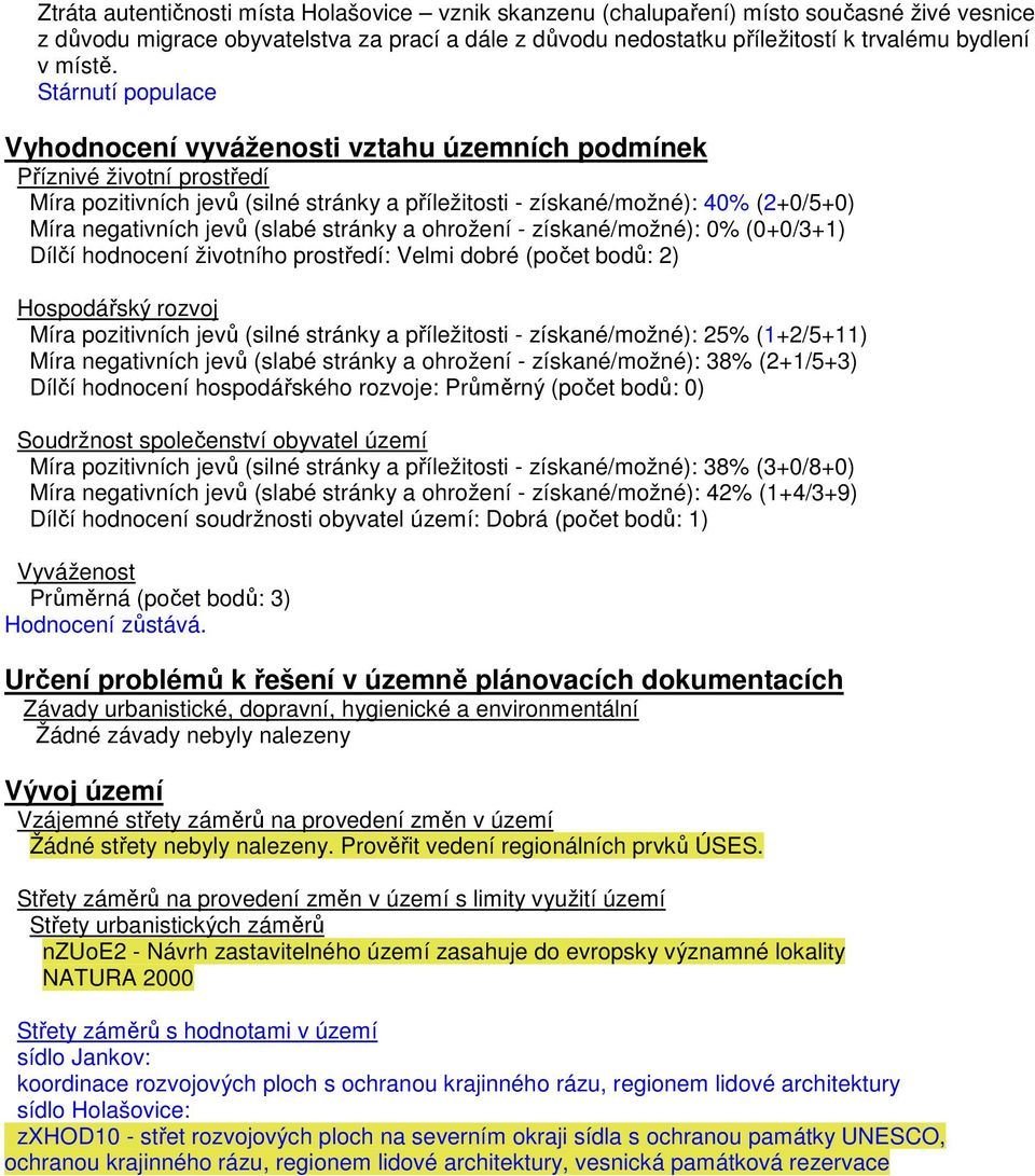 Stárnutí populace Vyhodnocení vyváženosti vztahu územních podmínek Příznivé životní prostředí Míra pozitivních jevů (silné stránky a příležitosti - získané/možné): 40% (2+0/5+0) Míra negativních jevů