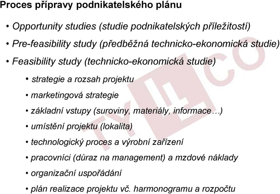 marketingová strategie základní vstupy (suroviny, materiály, informace ) umístění projektu (lokalita) technologický proces a