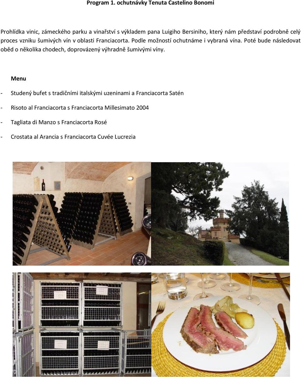 podrobně celý proces vzniku šumivých vín v oblasti Franciacorta. Podle možností ochutnáme i vybraná vína.