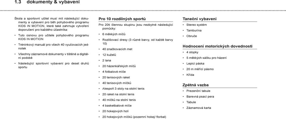 pro deset druhů sportu Pro 10 rozdílných sportů Pro 20ti člennou skupinu jsou nezbytné následující pomůcky: 6 měkkých míčů Rozlišovací dresy (3 různé barvy, od každé barvy 10) 40 značkovacích met 12