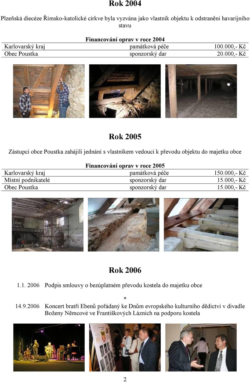 000,- Kč Rok 2005 Zástupci obce Poustka zahájili jednání s vlastníkem vedoucí k převodu objektu do majetku obce Financování oprav v roce 2005 Karlovarský kraj památková péče 150.