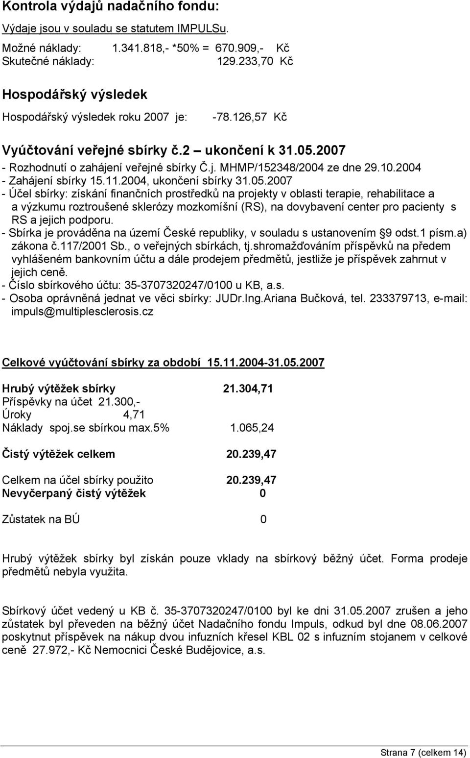 10.2004 - Zahájení sbírky 15.11.2004, ukončení sbírky 31.05.