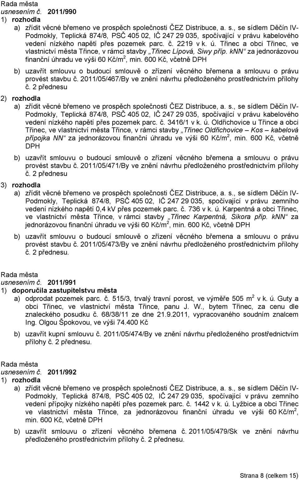 Třinec a obci Třinec, ve vlastnictví města Třince, v rámci stavby Třinec Lípová, Siwy příp. knn za jednorázovou finanční úhradu ve výši 60 Kč/m 2, min.