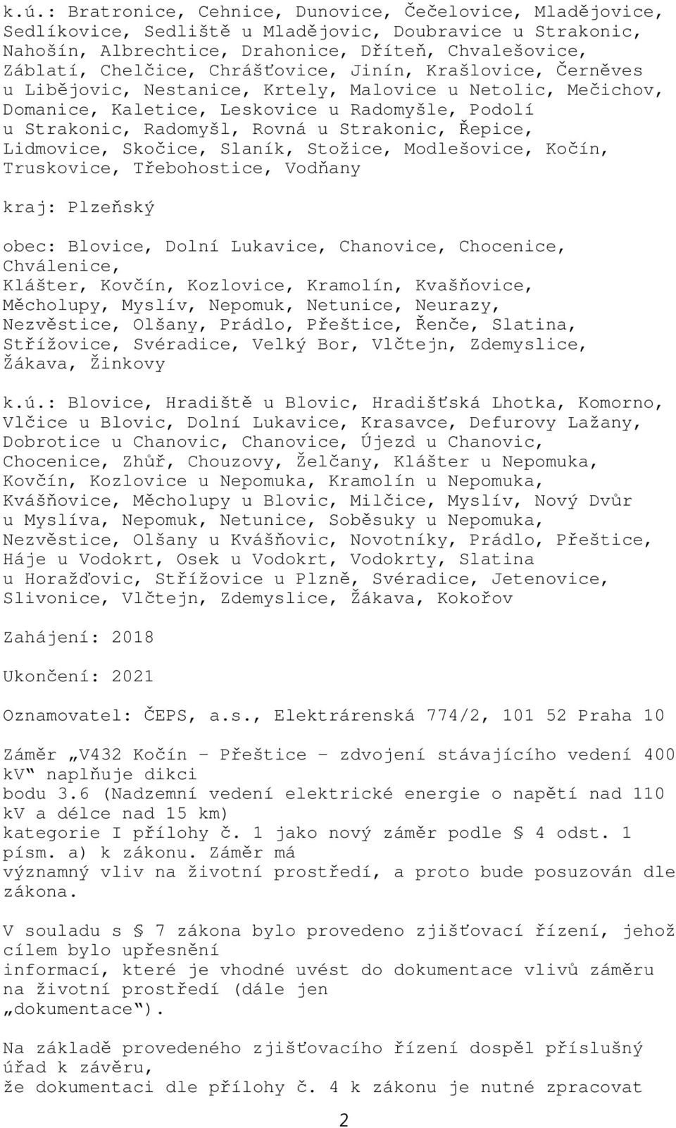 Řepice, Lidmovice, Skočice, Slaník, Stožice, Modlešovice, Kočín, Truskovice, Třebohostice, Vodňany kraj: Plzeňský obec: Blovice, Dolní Lukavice, Chanovice, Chocenice, Chválenice, Klášter, Kovčín,