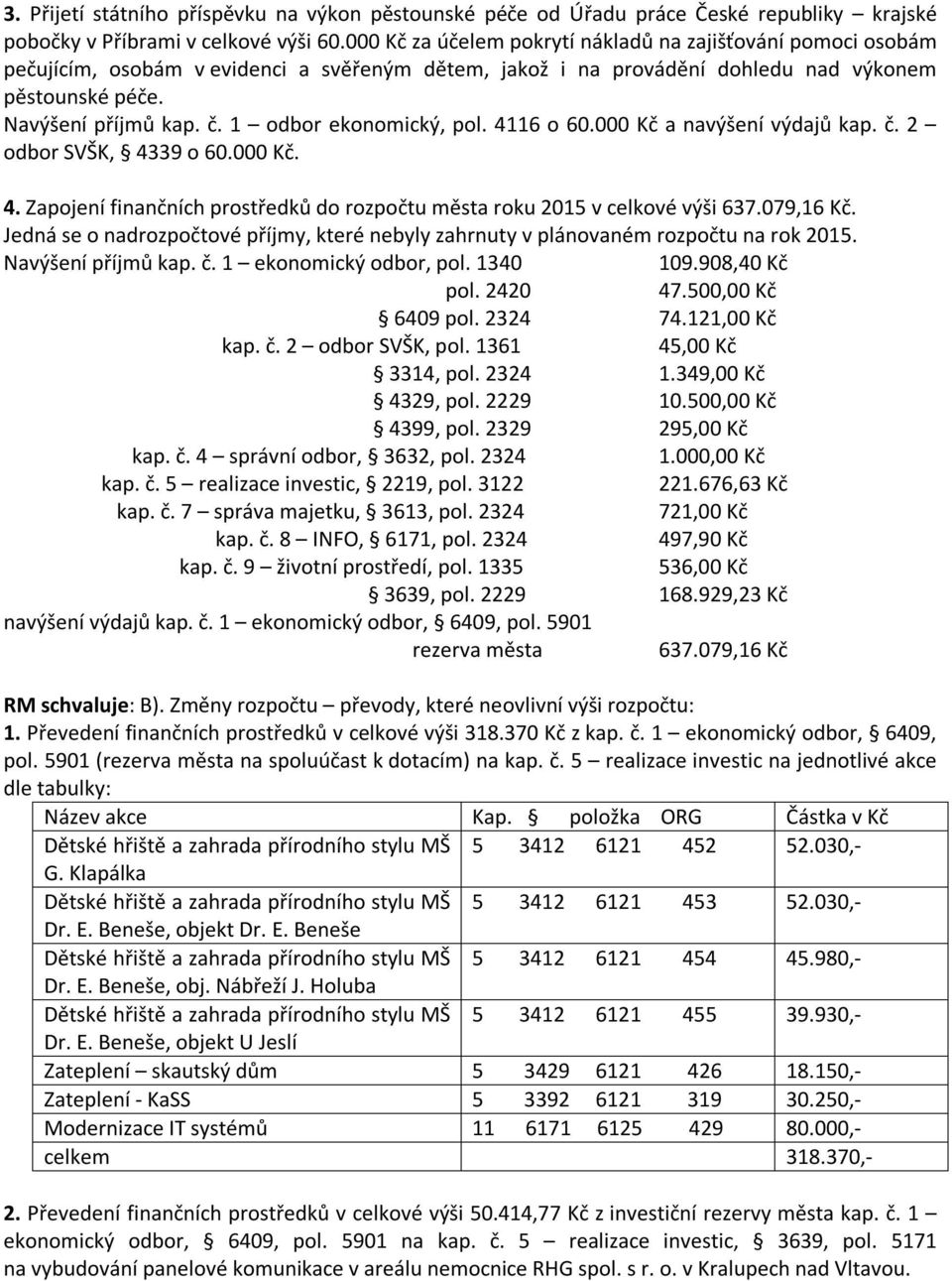 1 odbor ekonomický, pol. 4116 o 60.000 Kč a navýšení výdajů kap. č. 2 odbor SVŠK, 4339 o 60.000 Kč. 4. Zapojení finančních prostředků do rozpočtu města roku 2015 v celkové výši 637.079,16 Kč.