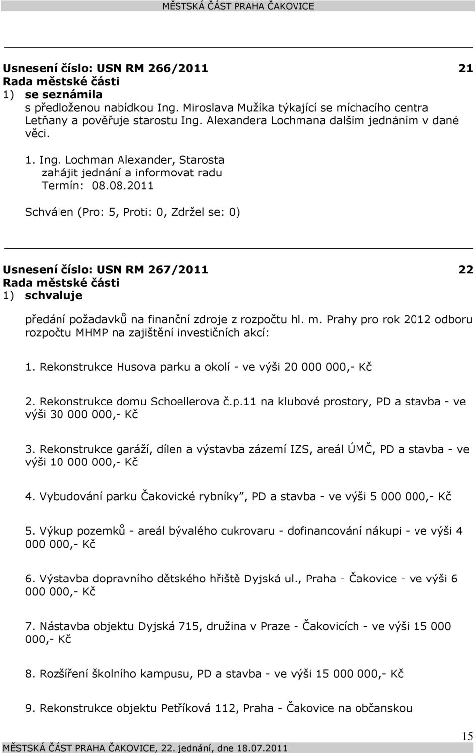 Prahy pro rok 2012 odboru rozpočtu MHMP na zajištění investičních akcí: 1. Rekonstrukce Husova parku a okolí - ve výši 20 000 000,- Kč 2. Rekonstrukce domu Schoellerova č.p.11 na klubové prostory, PD a stavba - ve výši 30 000 000,- Kč 3.