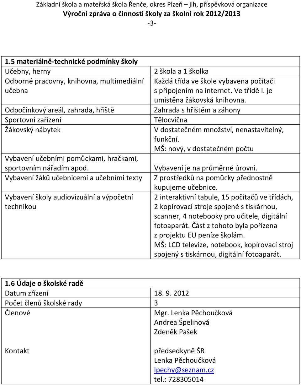 Vybavení žáků učebnicemi a učebními texty Vybavení školy audiovizuální a výpočetní technikou 2 škola a 1 školka Každá třída ve škole vybavena počítači s připojením na internet. Ve třídě I.