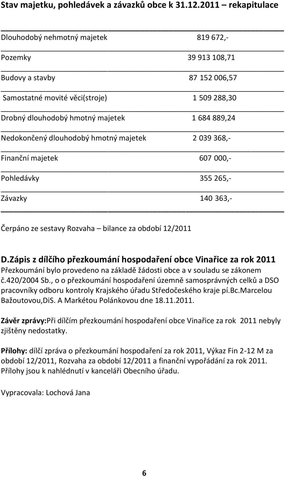 Nedokončený dlouhodobý hmotný majetek 2 039 368,- Finanční majetek 607 000,- Pohledávky 355 265,- Závazky 140 363,- Čerpáno ze sestavy Rozvaha bilance za období 12/2011 D.