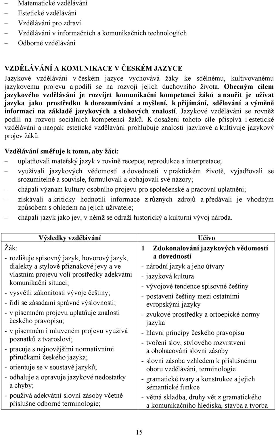 Obecným cílem jazykového vzdělávání je rozvíjet komunikační kompetenci žáků a naučit je užívat jazyka jako prostředku k dorozumívání a myšlení, k přijímání, sdělování a výměně informací na základě