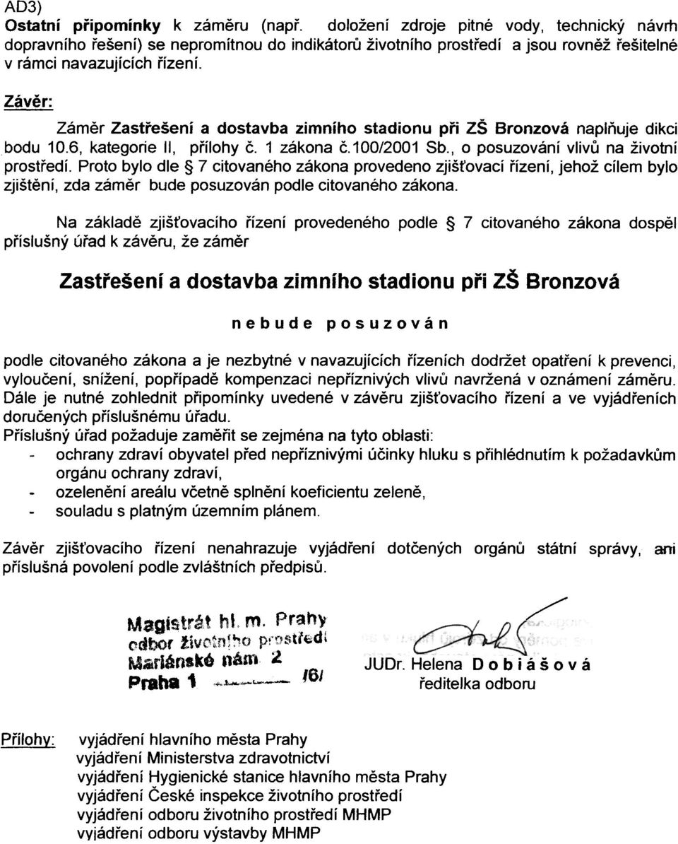 Závìr: Zámìr Zastøešení a dostavba zimního stadionu pøi ZŠ Bronzová naplòuje dikci bodu 10.6, kategorie II, pøílohy è. 1 zákona è.100/2001 Sb., o posuzování vlivù na životní prostøedí.
