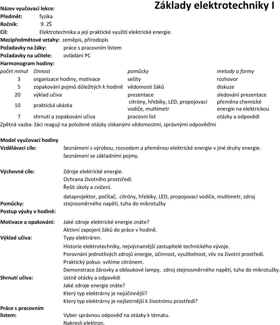 hodiny, motivace sešity rozhovor 5 zopakování pojmů důležitých k hodině vědomosti žáků diskuze 20 výklad učiva prezentace sledování prezentace 10 praktická ukázka citróny, hřebíky, LED, propojovací