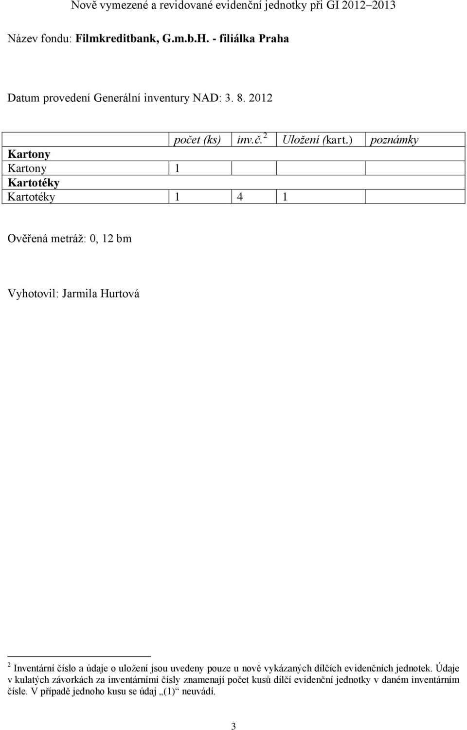 ) poznámky Kartony Kartony 1 Kartotéky Kartotéky 1 4 1 Ověřená metráž: 0, 12 bm Vyhotovil: Jarmila Hurtová 2 Inventární číslo a údaje o uložení