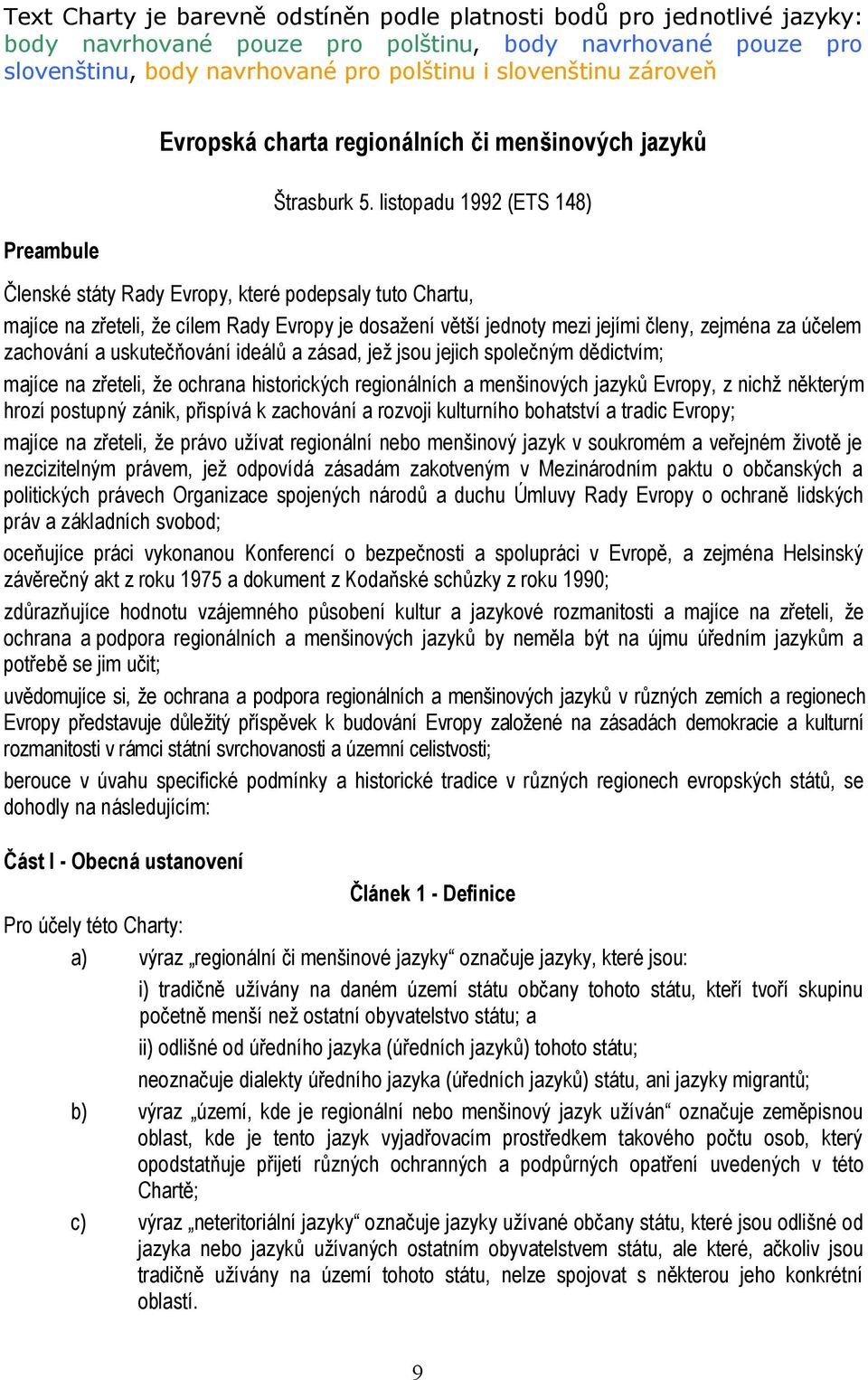 listopadu 1992 (ETS 148) Členské státy Rady Evropy, které podepsaly tuto Chartu, majíce na zřeteli, že cílem Rady Evropy je dosažení větší jednoty mezi jejími členy, zejména za účelem zachování a