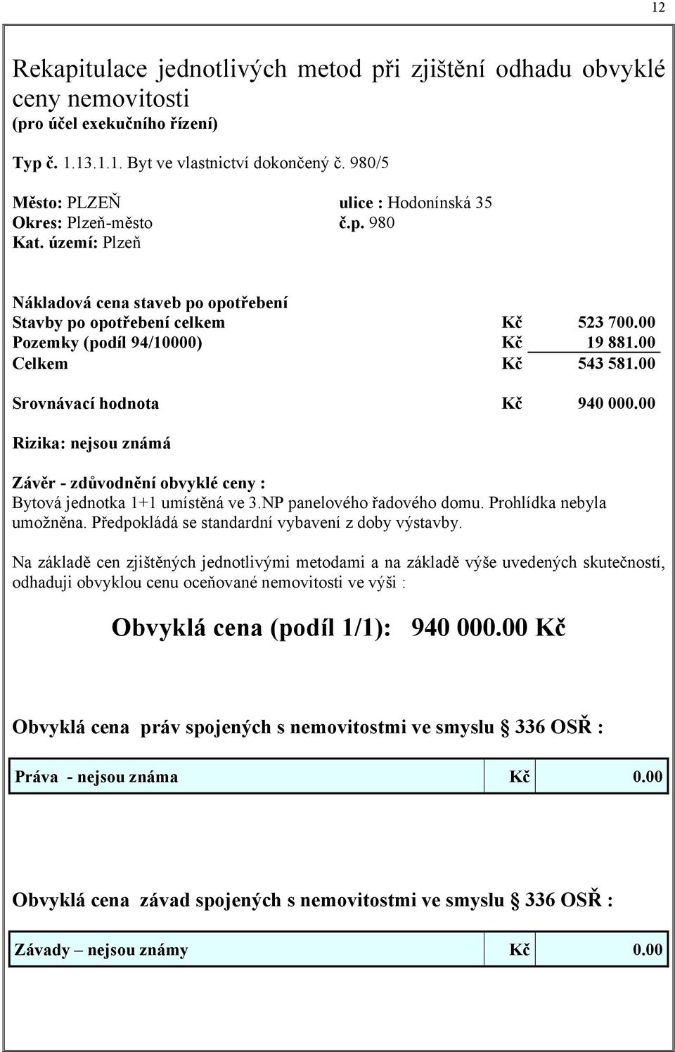 00 Celkem Kč 543 581.00 Srovnávací hodnota Kč 940 000.00 Rizika: nejsou známá Závěr - zdůvodnění obvyklé ceny : Bytová jednotka 1+1 umístěná ve 3.NP panelového řadového domu.