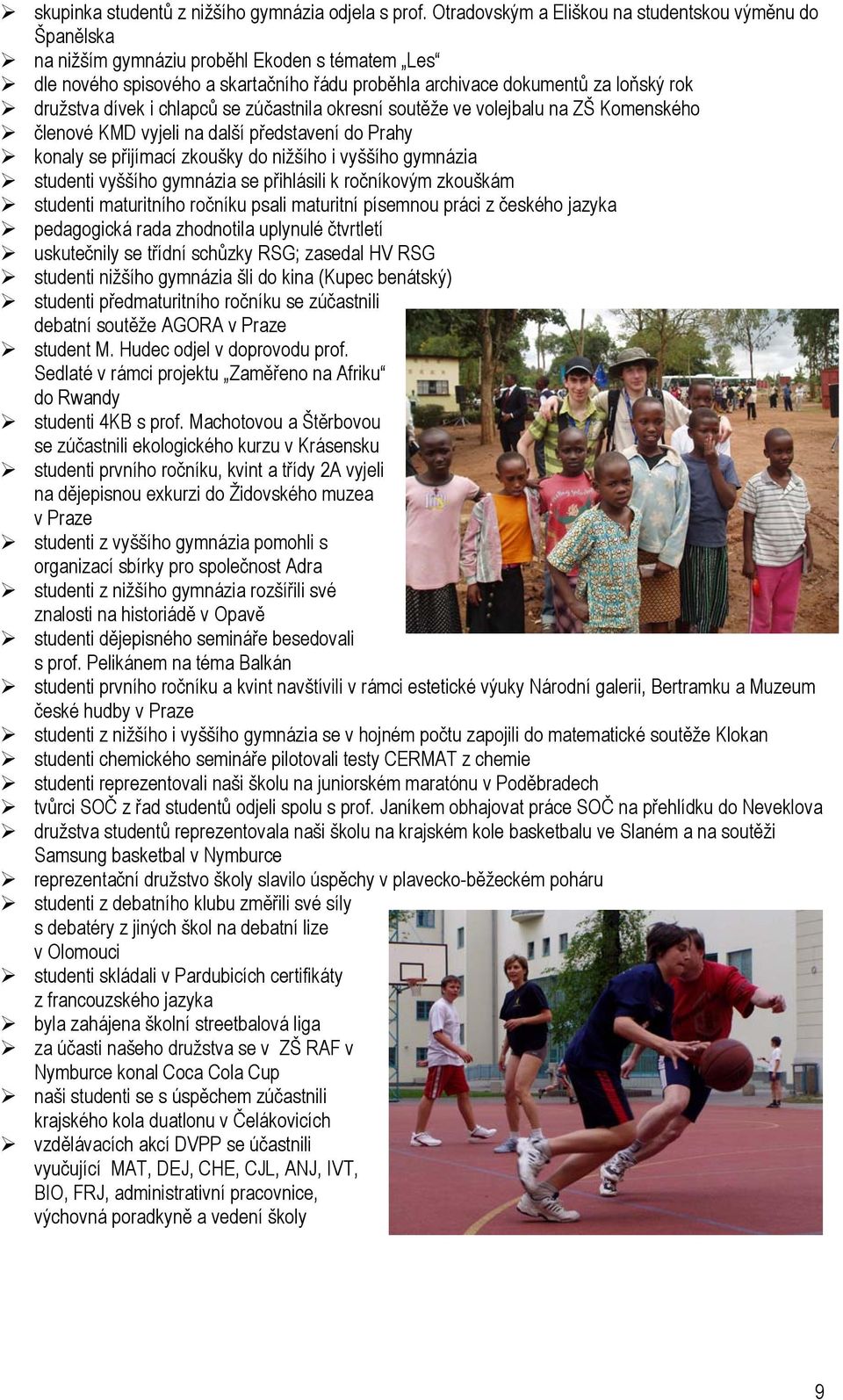 dívek i chlapců se zúčastnila okresní soutěže ve volejbalu na ZŠ Komenského členové KMD vyjeli na další představení do Prahy konaly se přijímací zkoušky do nižšího i vyššího gymnázia studenti vyššího