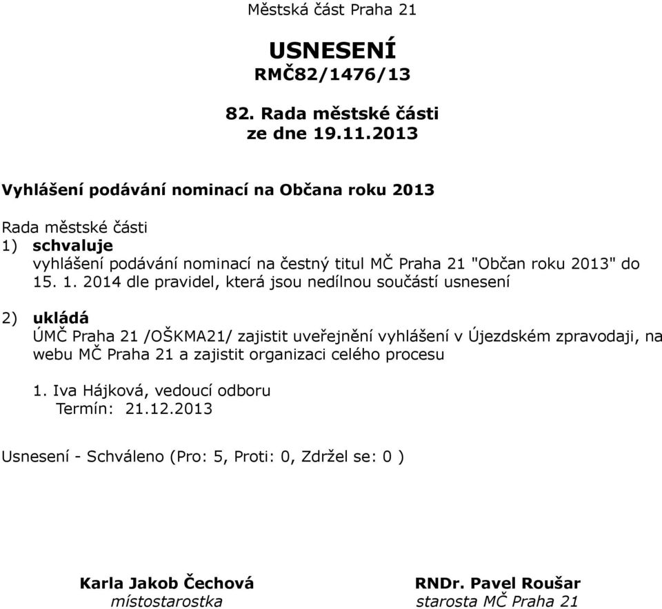 titul MČ Praha 21 "Občan roku 2013" do 15