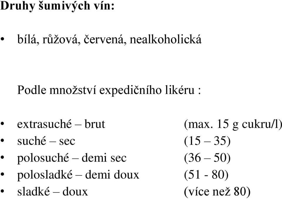15 g cukru/l) suché sec (15 35) polosuché demi sec (36