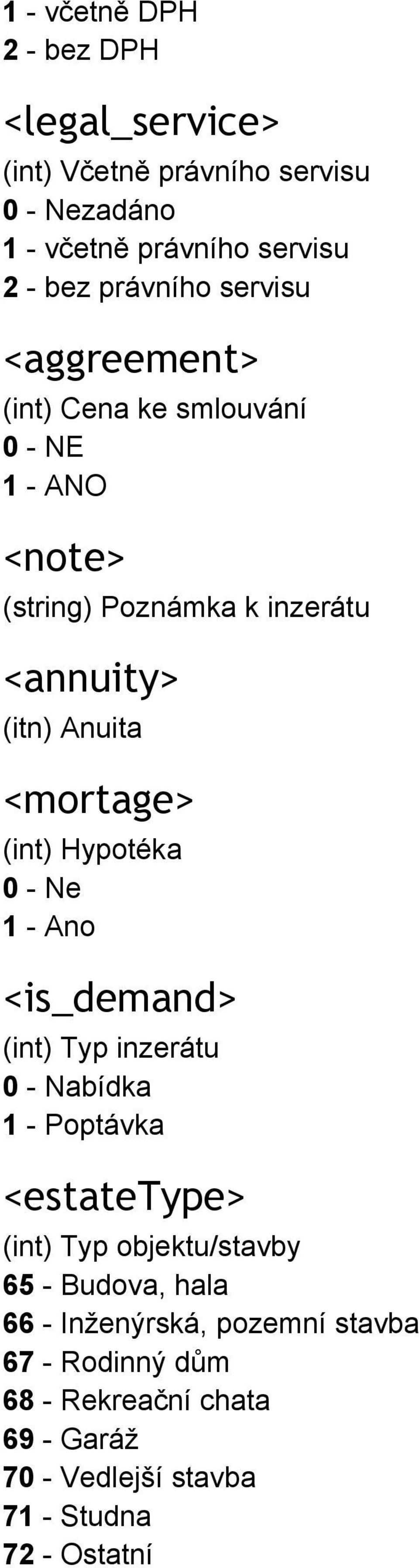 <mortage> (int) Hypotéka 0 Ne 1 Ano <is_demand> (int) Typ inzerátu 0 Nabídka 1 Poptávka <estatetype> (int) Typ
