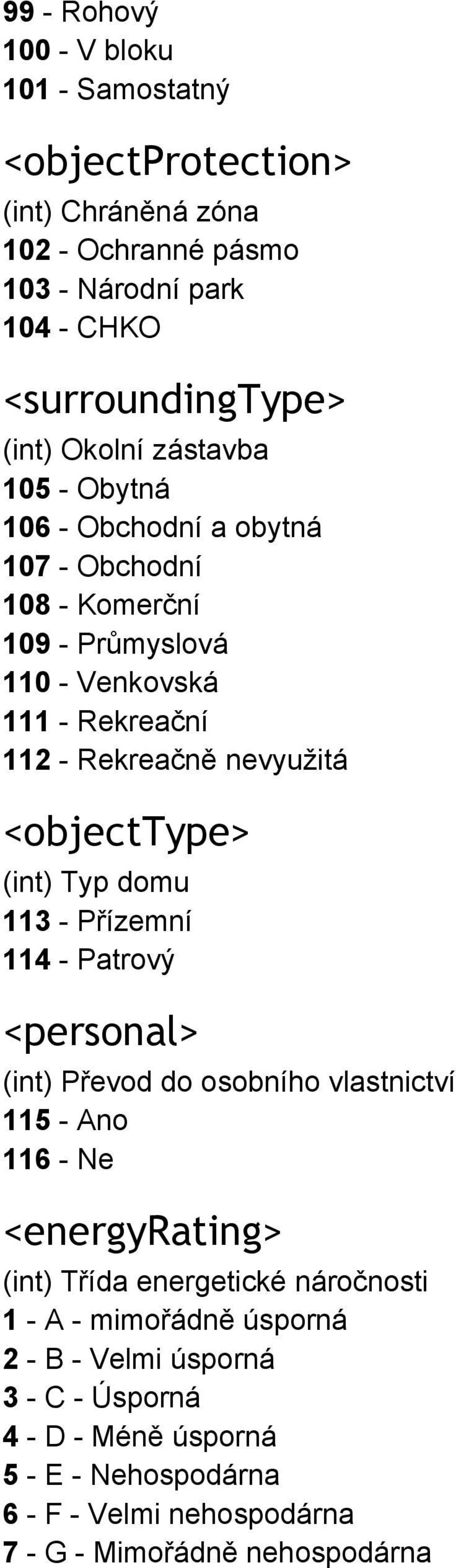 <objecttype> (int) Typ domu 113 Přízemní 114 Patrový <personal> (int) Převod do osobního vlastnictví 115 Ano 116 Ne <energyrating> (int) Třída