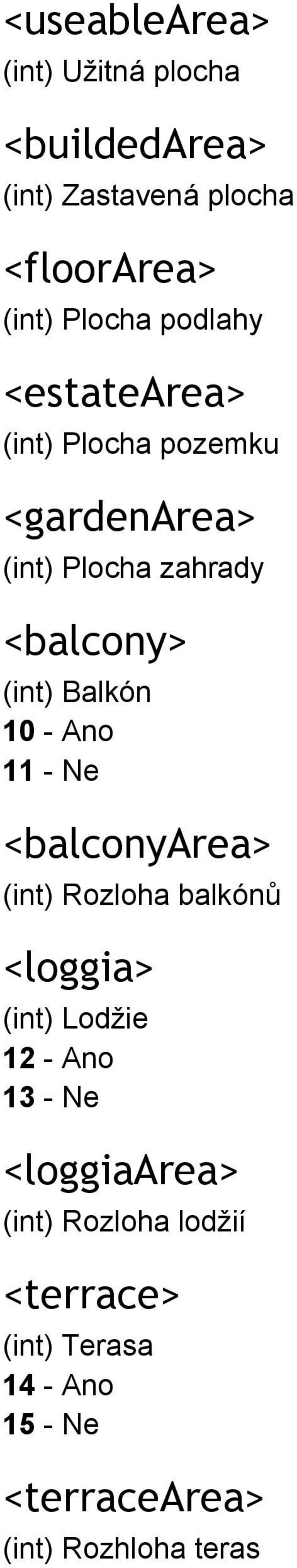 Balkón 10 Ano 11 Ne <balconyarea> (int) Rozloha balkónů <loggia> (int) Lodžie 12 Ano 13 Ne