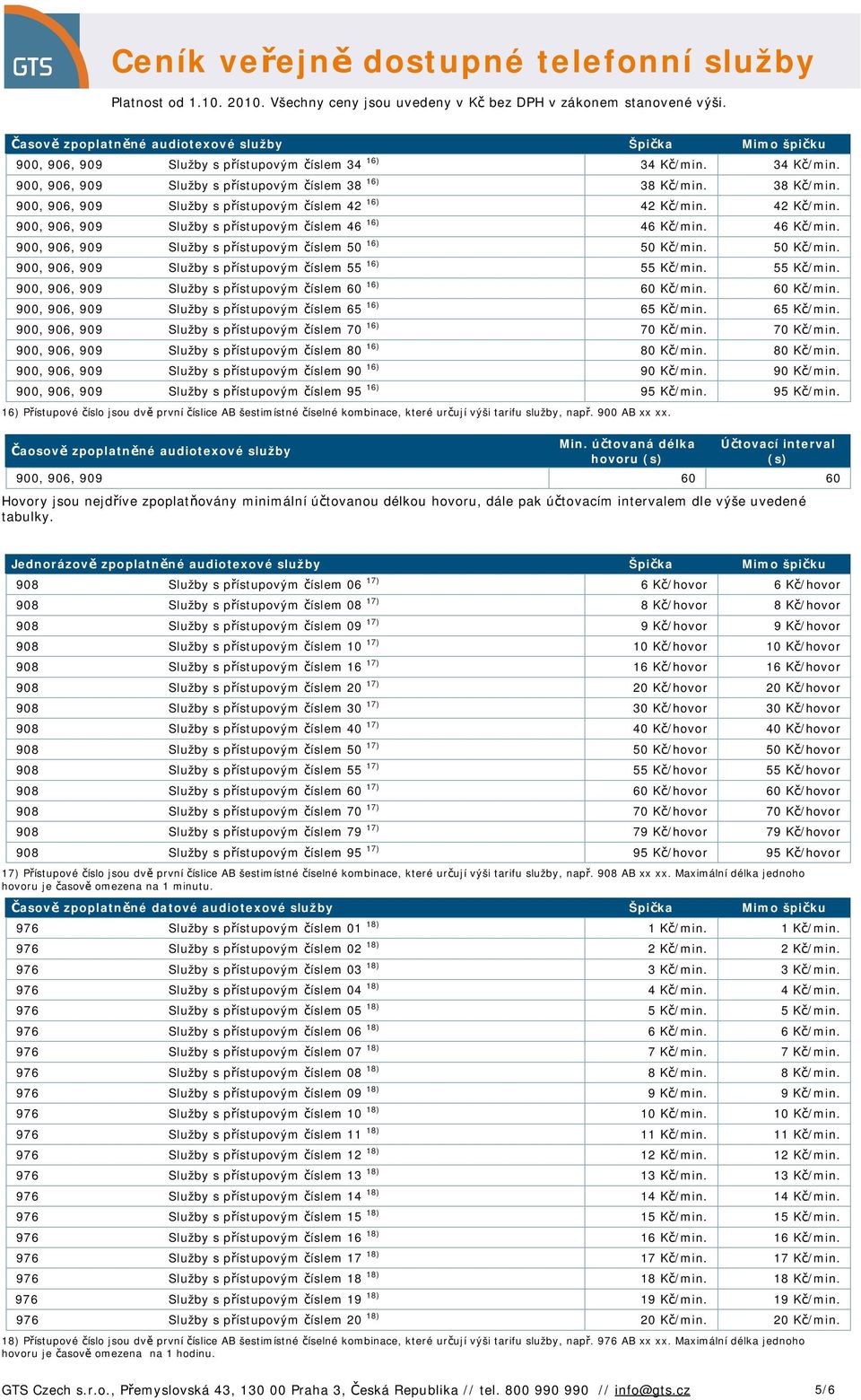 46 Kč/min. 900, 906, 909 Služby s přístupovým číslem 50 16) 50 Kč/min. 50 Kč/min. 900, 906, 909 Služby s přístupovým číslem 55 16) 55 Kč/min.