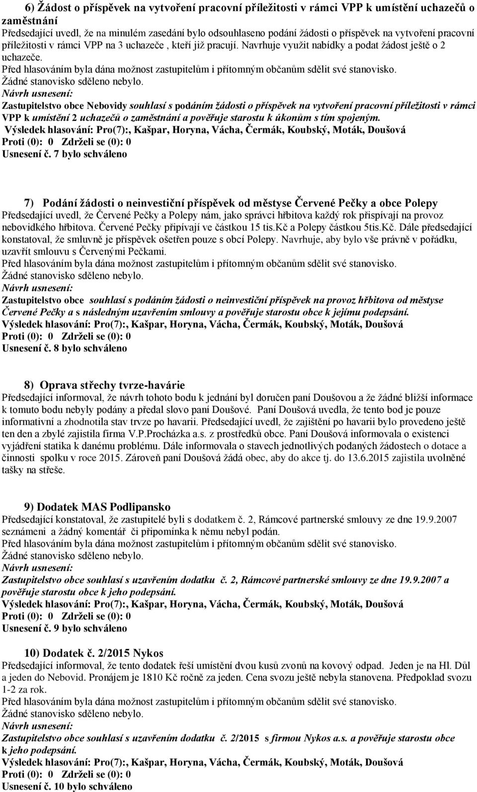 Zastupitelstvo obce Nebovidy souhlasí s podáním žádosti o příspěvek na vytvoření pracovní příležitosti v rámci VPP k umístění 2 uchazečů o zaměstnání a pověřuje starostu k úkonům s tím spojeným.