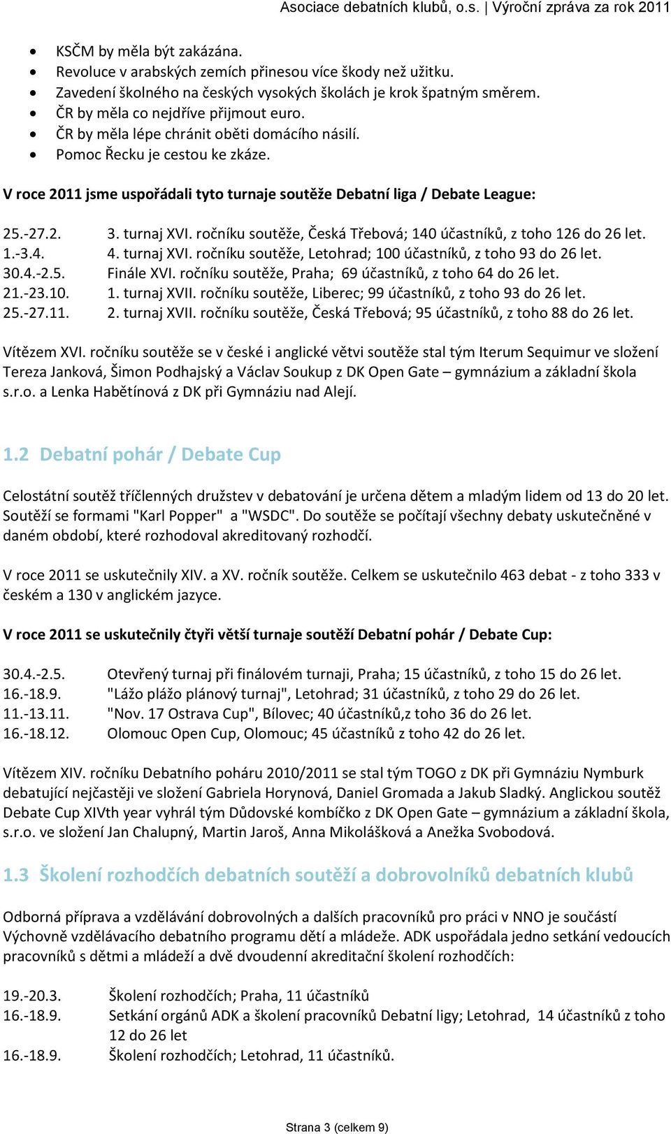 ročníku soutěže, Česká Třebová; 140 účastníků, z toho 126 do 26 let. 1.-3.4. 4. turnaj XVI. ročníku soutěže, Letohrad; 100 účastníků, z toho 93 do 26 let. 30.4.-2.5. Finále XVI.