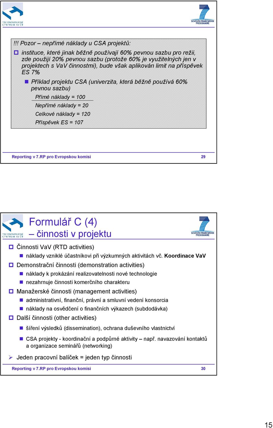 Příspěvek ES = 107 Reporting v 7.RP pro Evropskou komisi 29 Formulář C (4) činnosti v projektu Činnosti VaV (RTD activities) náklady vzniklé účastníkovi při výzkumných aktivitách vč.