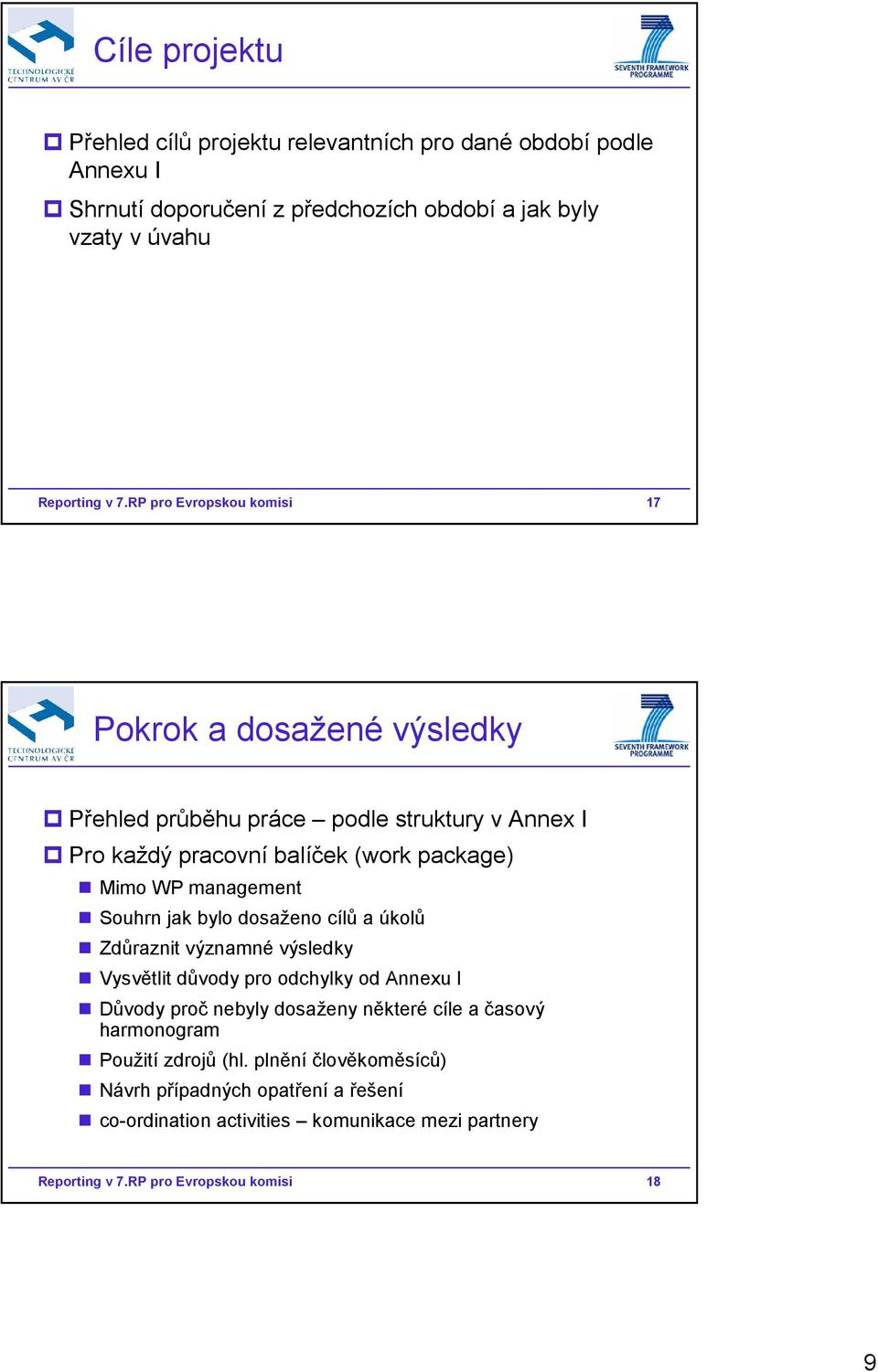 Souhrn jak bylo dosaženo cílů a úkolů Zdůraznit významné výsledky Vysvětlit důvody pro odchylky od Annexu I Důvody proč nebyly dosaženy některé cíle a časový