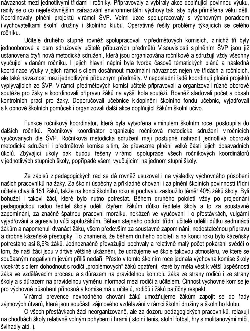 Velmi úzce spolupracovaly s výchovným poradcem i vychovatelkami školní družiny i školního klubu. Operativně řešily problémy týkajících se celého ročníku.