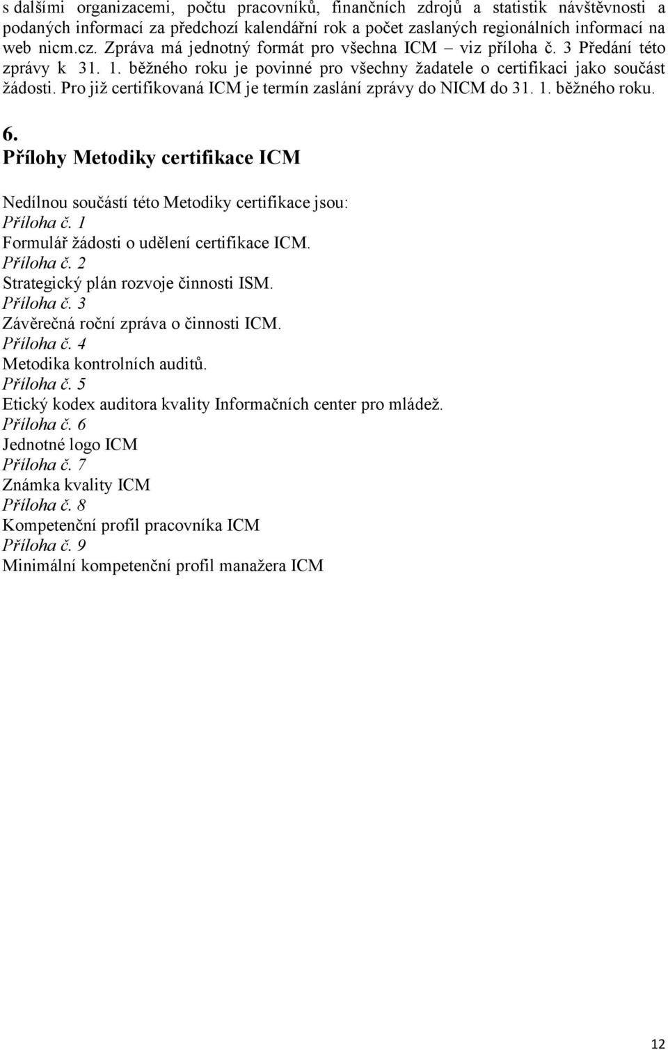 ro již certifikovaná ICM je termín zaslání zprávy do NICM do.. běžného roku. 6. řílohy Metodiky certifikace ICM Nedílnou součástí této Metodiky certifikace jsou: říloha č.