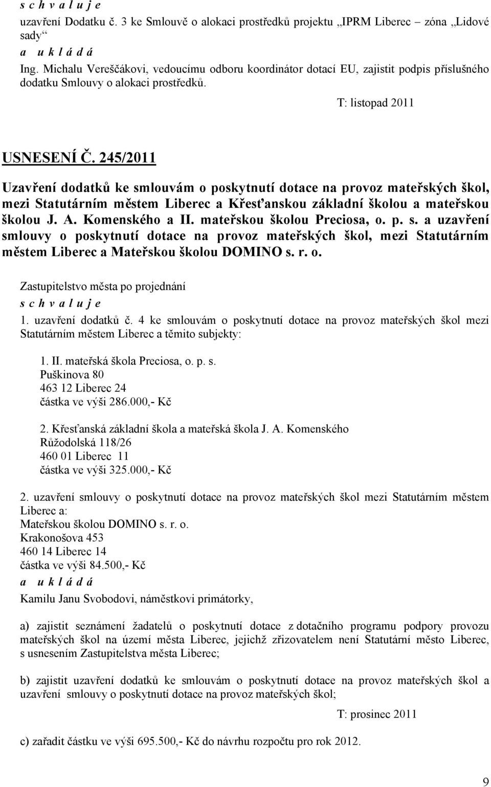 245/2011 Uzavření dodatků ke smlouvám o poskytnutí dotace na provoz mateřských škol, mezi Statutárním městem Liberec a Křesťanskou základní školou a mateřskou školou J. A. Komenského a II.