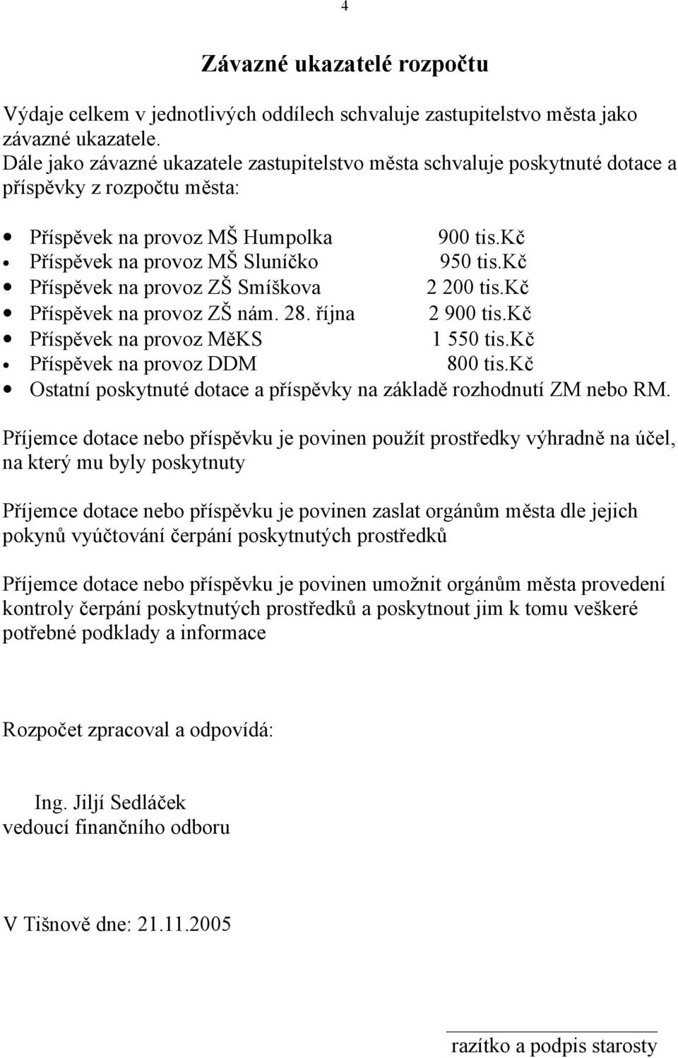 kč Příspěvek na provoz ZŠ Smíškova 2 200 tis.kč Příspěvek na provoz ZŠ nám. 28. října 2 900 tis.kč Příspěvek na provoz MěKS 1 550 tis.kč Příspěvek na provoz DDM 800 tis.