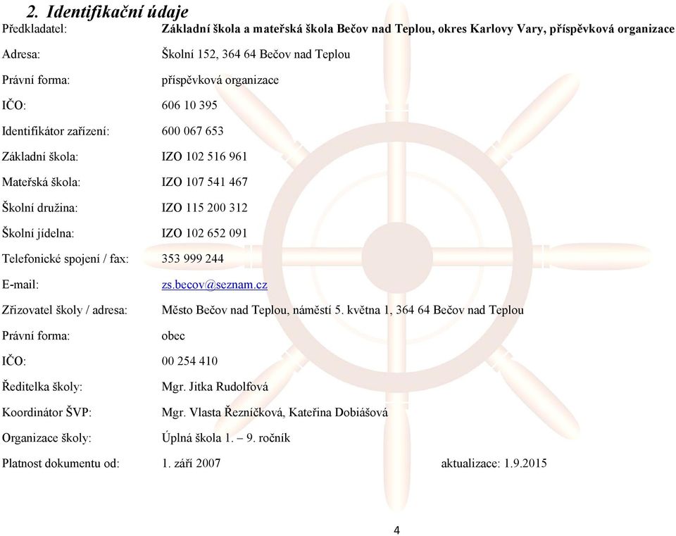 652 091 Telefonické spojení / fax: 353 999 244 E-mail: Zřizovatel školy / adresa: Právní forma: zs.becov@seznam.cz Město Bečov nad Teplou, náměstí 5.