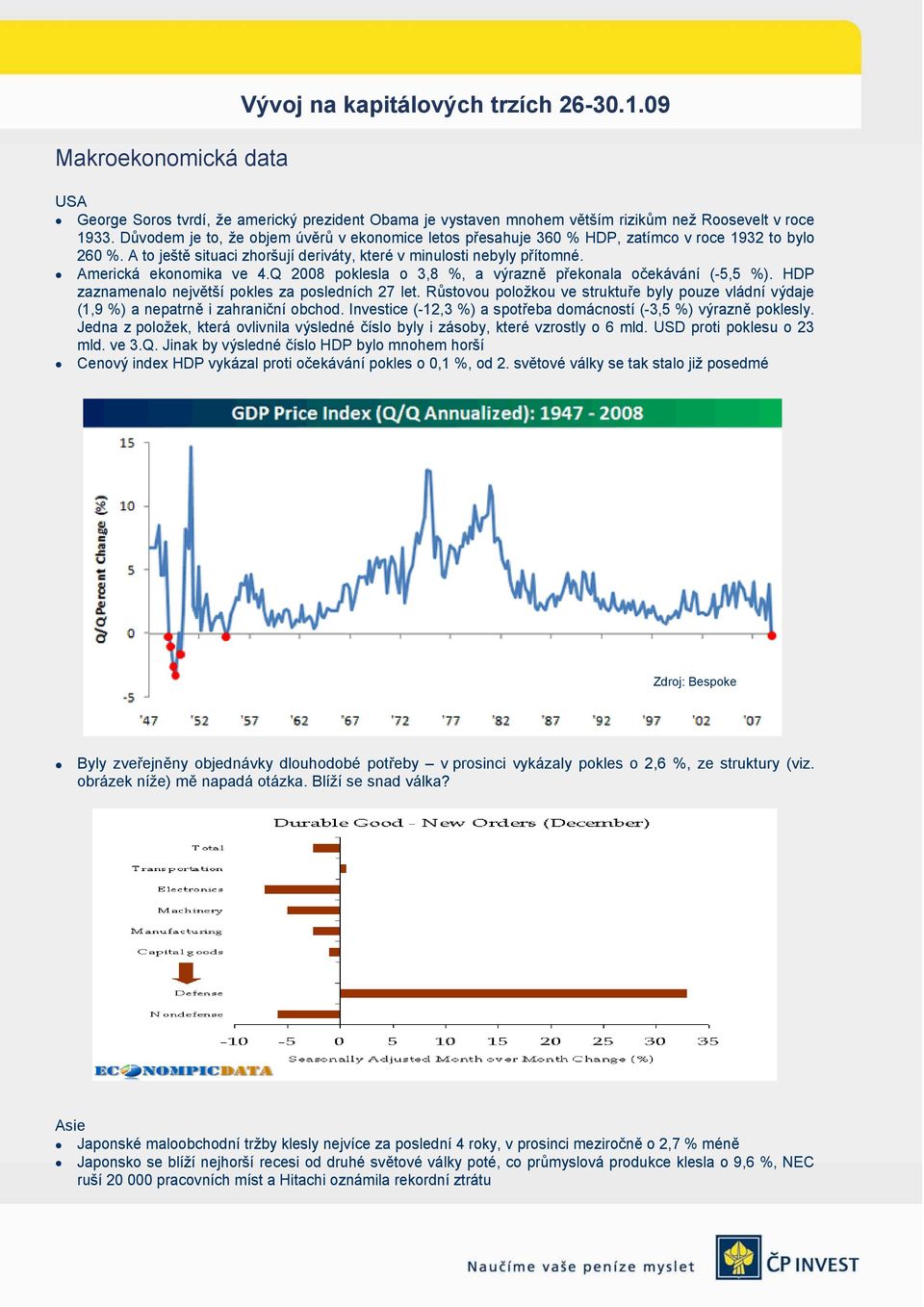 Americká ekonomika ve 4.Q 2008 poklesla o 3,8 %, a výrazně překonala očekávání (-5,5 %). HDP zaznamenalo největší pokles za posledních 27 let.