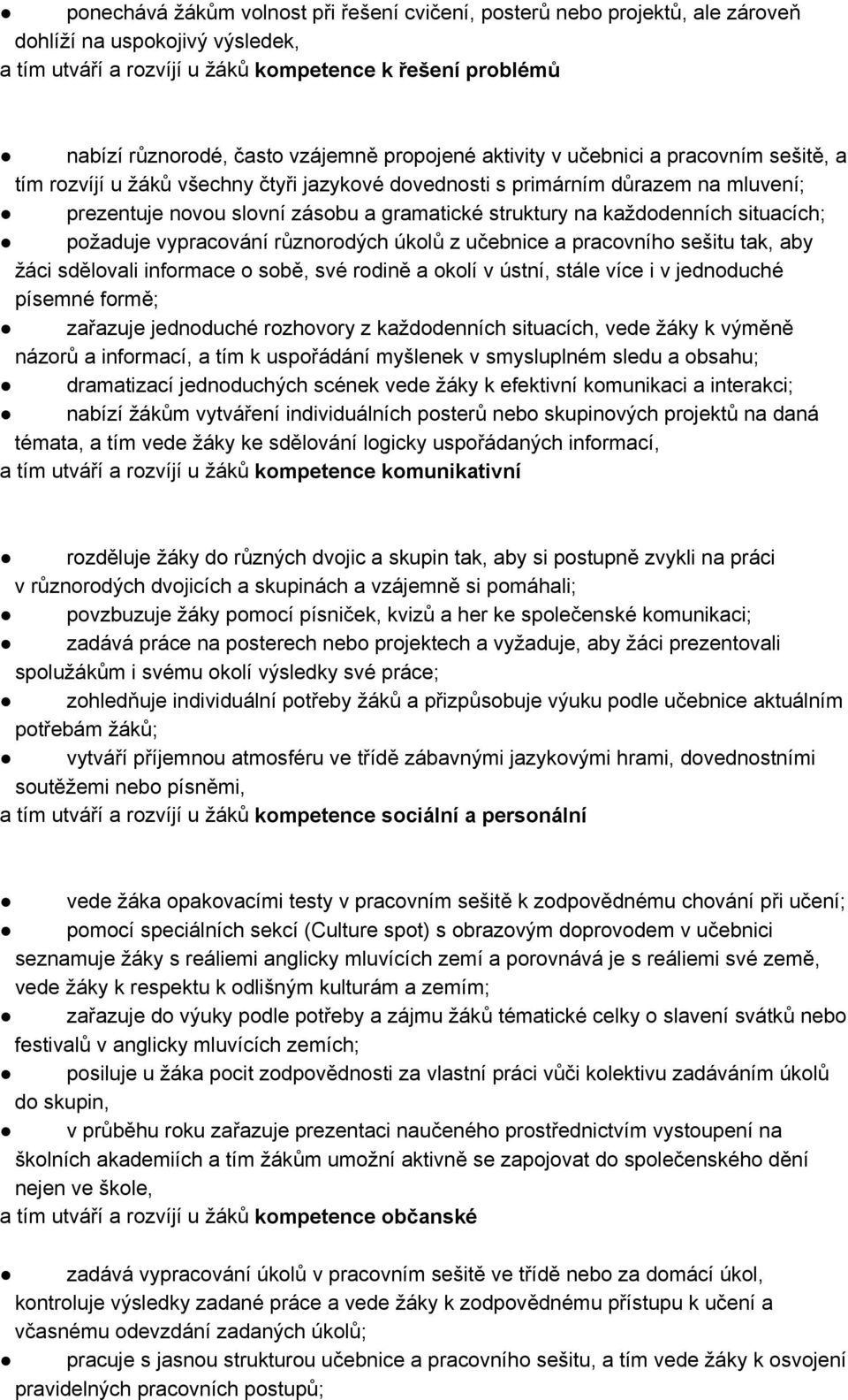 na každodenních situacích; požaduje vypracování různorodých úkolů z učebnice a pracovního sešitu tak, aby žáci sdělovali informace o sobě, své rodině a okolí v ústní, stále více i v jednoduché