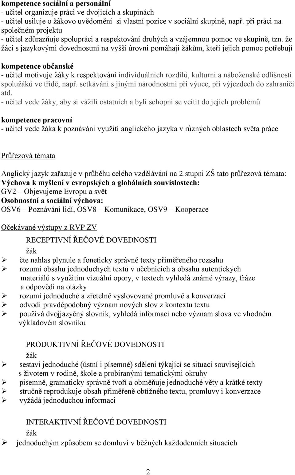 ţe ţáci s jazykovými dovednostmi na vyšší úrovni pomáhají ţákům, kteří jejich pomoc potřebují kompetence občanské - učitel motivuje ţáky k respektování individuálních rozdílů, kulturní a náboţenské