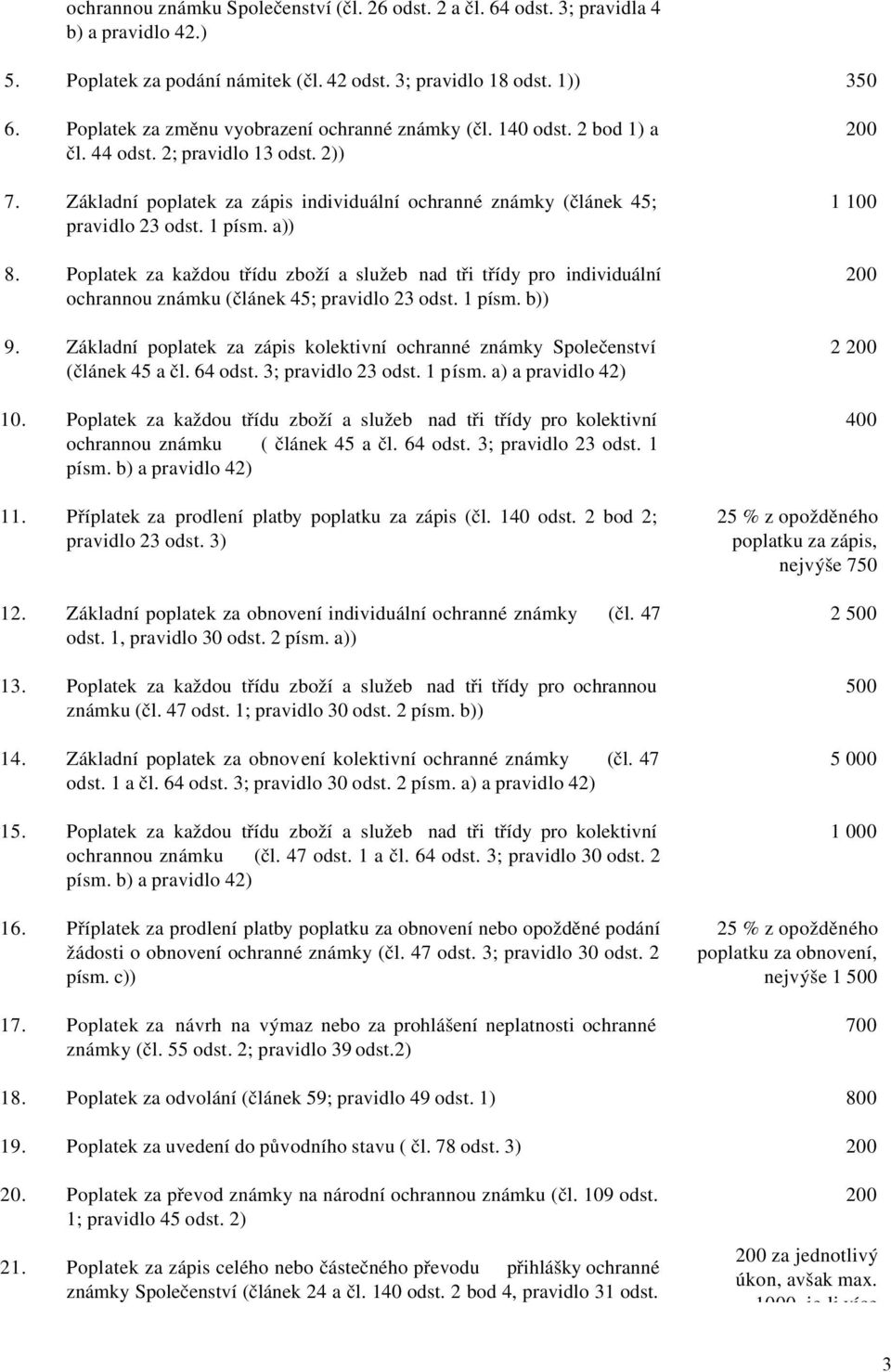 1 písm. a)) 8. Poplatek za každou třídu zboží a služeb nad tři třídy pro individuální ochrannou známku (článek 45; pravidlo 23 odst. 1 písm. b)) 9.