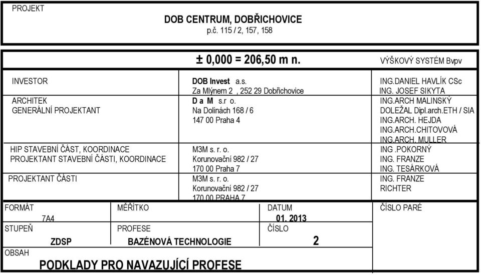 r. o. ING.POKORNÝ PROJEKTANT STAVEBNÍ ČÁSTI, KOORDINACE Korunovační 982 / 27 ING. FRANZE 170 00 Praha 7 ING. TESÁRKOVÁ PROJEKTANT ČÁSTI M3M s. r. o. ING. FRANZE Korunovační 982 / 27 RICHTER 170 00 PRAHA 7 FORMÁT MĚŘÍTKO DATUM ČÍSLO PARÉ 7A4 01.