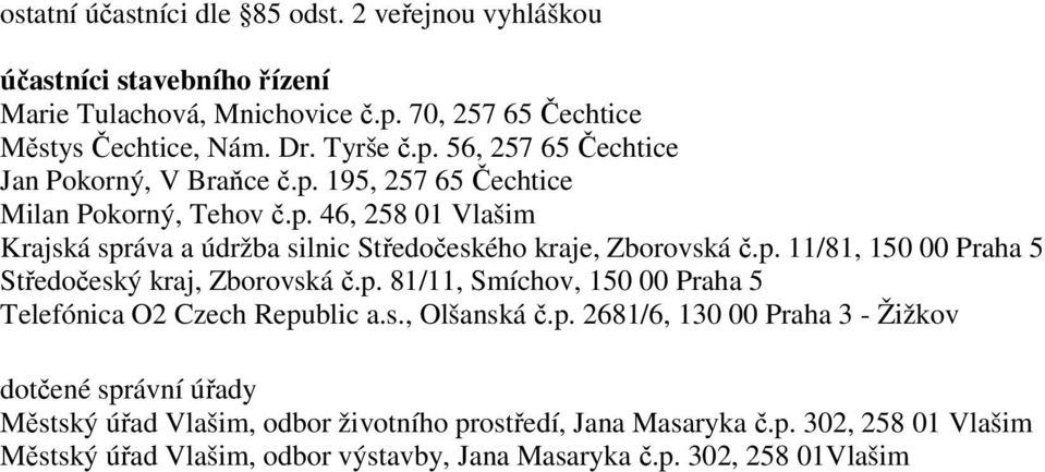 p. 81/11, Smíchov, 150 00 Praha 5 Telefónica O2 Czech Republic a.s., Olšanská č.p. 2681/6, 130 00 Praha 3 - Žižkov dotčené správní úřady Městský úřad Vlašim, odbor životního prostředí, Jana Masaryka č.