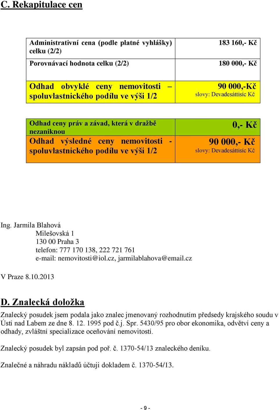 Devadesáttisíc Kč Ing. Jarmila Blahová Milešovská 1 130 00 Praha 3 telefon: 777 170 138, 222 721 761 e-mail: nemovitosti@iol.cz, jarmilablahova@email.cz V Praze 8.10.2013 D.