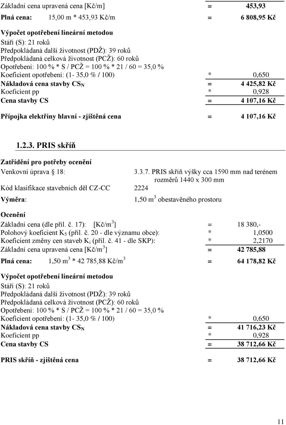 = 4 107,16 Kč 1.2.3. PRIS skříň Venkovní úprava 18: Kód klasifikace stavebních děl CZ-CC 2224 Výměra: 3.3.7. PRIS skříň výšky cca 1590 mm nad terénem rozměrů 1440 x 300 mm 1,50 m 3 obestavěného prostoru Základní cena (dle příl.