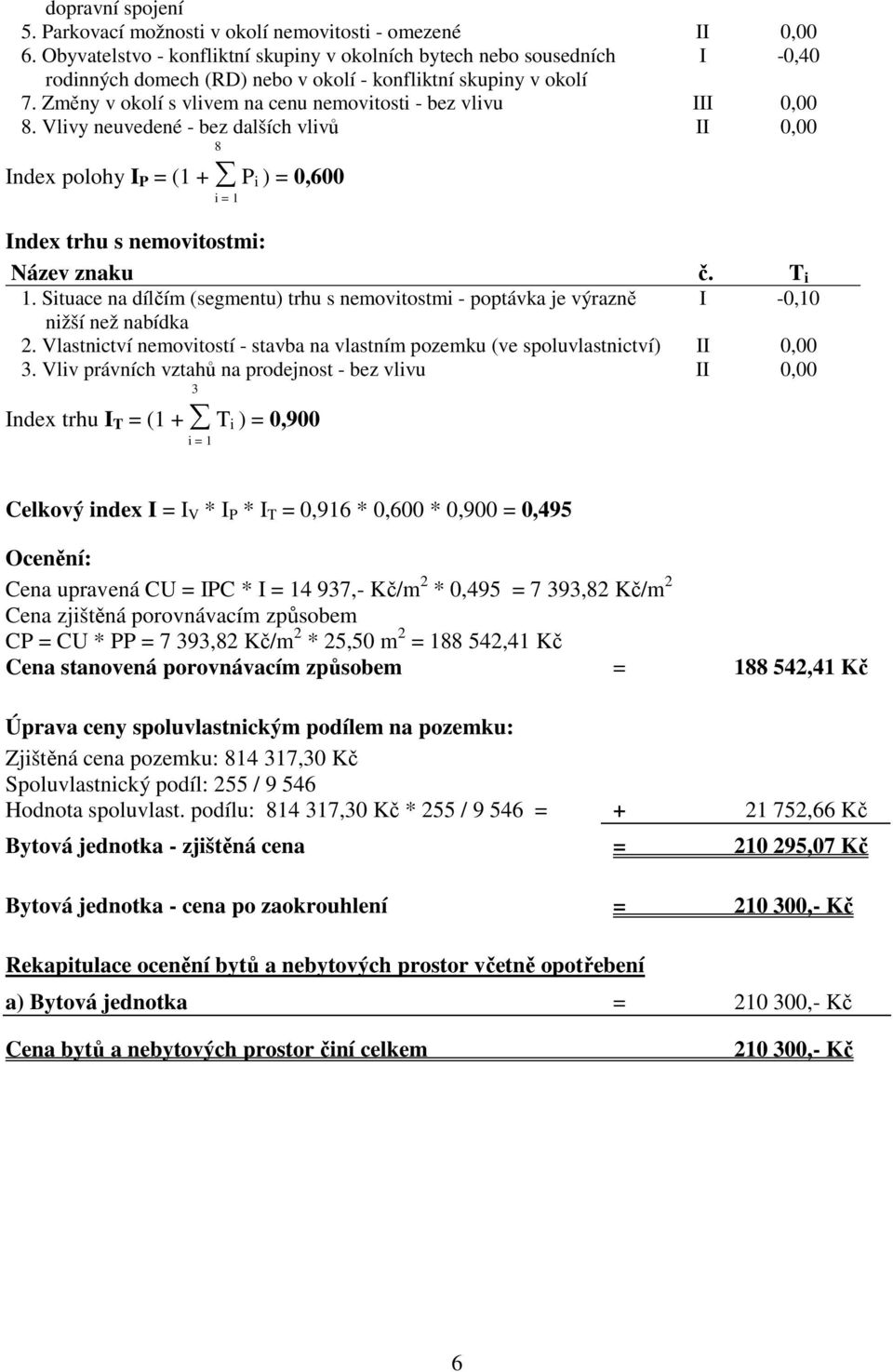 Změny v okolí s vlivem na cenu nemovitosti - bez vlivu III 0,00 8. Vlivy neuvedené - bez dalších vlivů II 0,00 8 Index polohy I P = (1 + P i ) = 0,600 i = 1 Index trhu s nemovitostmi: Název znaku č.