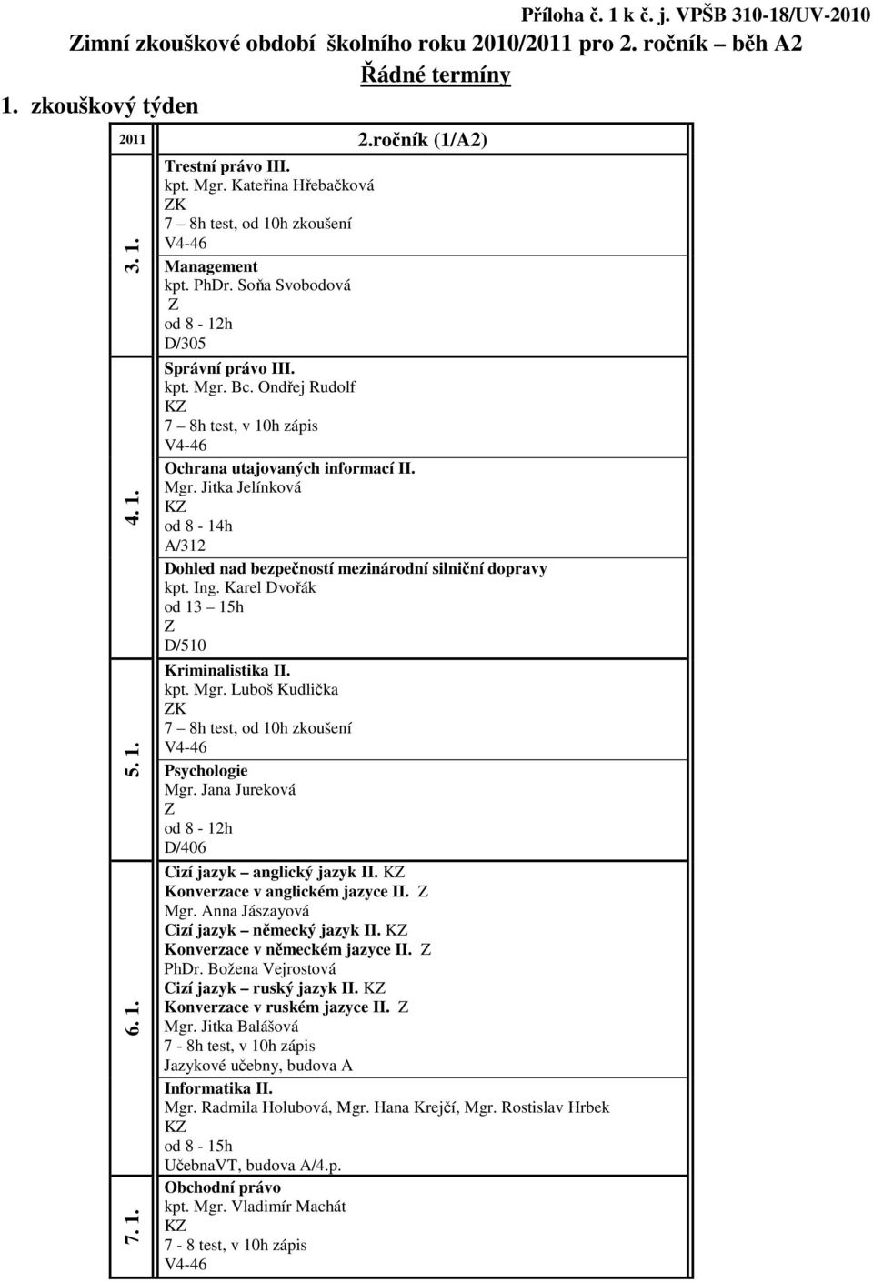 ročník běh A2 Řádné termíny 1. zkouškový týden 3. 1. 4. 1. 5. 1. 6. 1. 7. 1. K K Cizí jazyk anglický jazyk II.