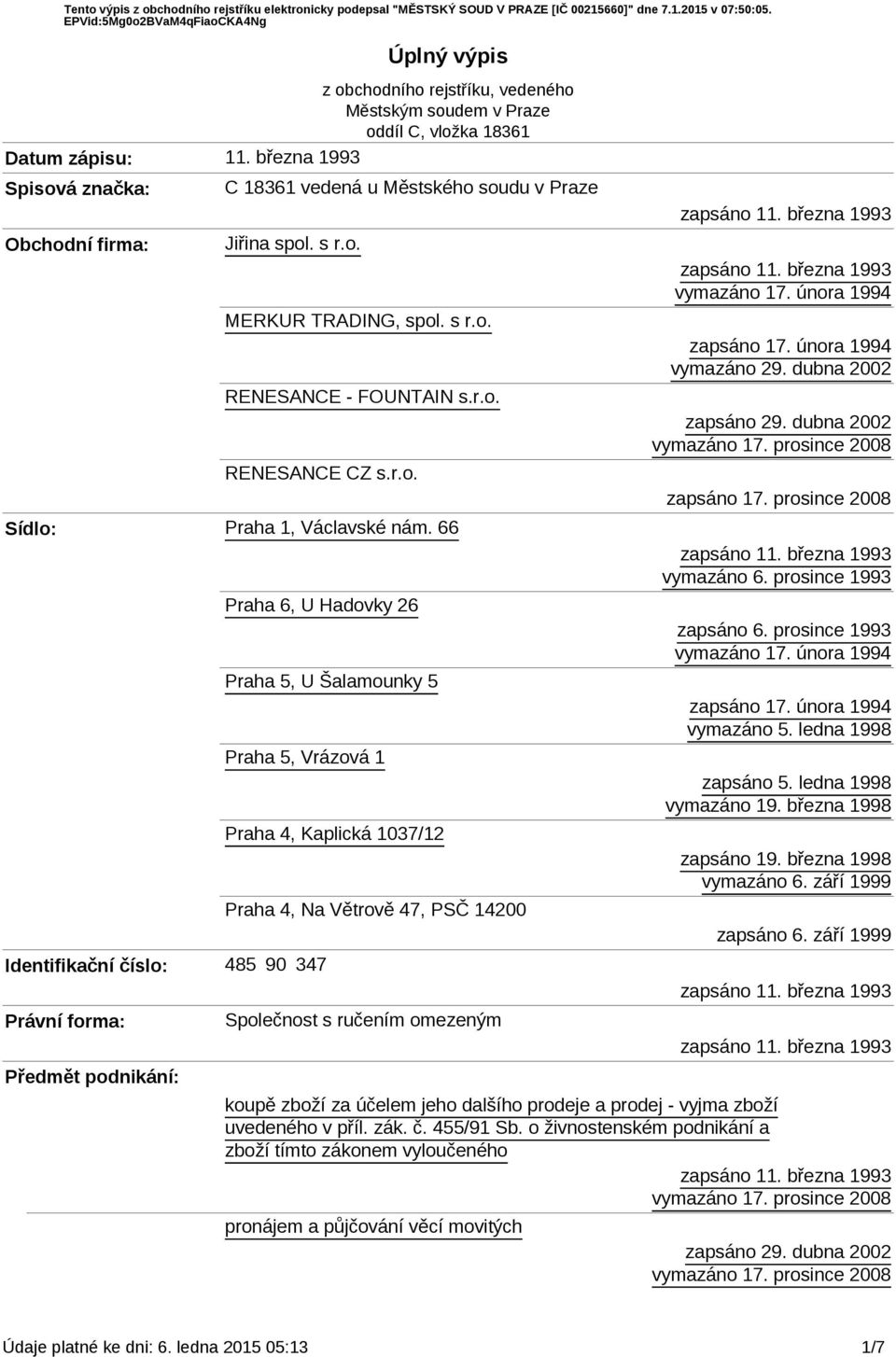 66 Praha 5, U Šalamounky 5 Praha 5, Vrázová 1 Identifikační číslo: 485 90 347 Právní forma: Předmět podnikání: Praha 4, Kaplická 1037/12 Praha 4, Na Větrově 47, PSČ 14200 Společnost s ručením